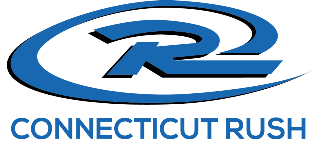 The image shows the logo of Connecticut Rush, which consists of a stylized blue "CR" surrounded by an oval-shaped swoosh. The text "CONNECTICUT RUSH" is written underneath in blue capital letters.