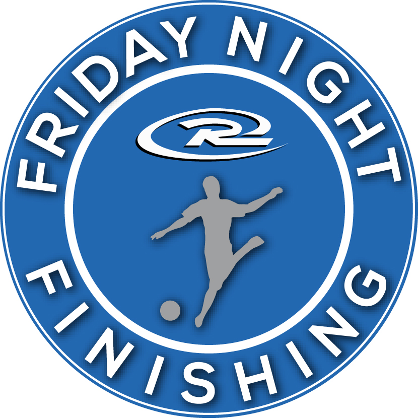 A circular blue logo with white border. "Friday Night Finishing" is written along the edge in white letters. Inside, there's a silhouette of a soccer player kicking a ball. Above, a stylized "R" with a dynamic swoosh-like design.