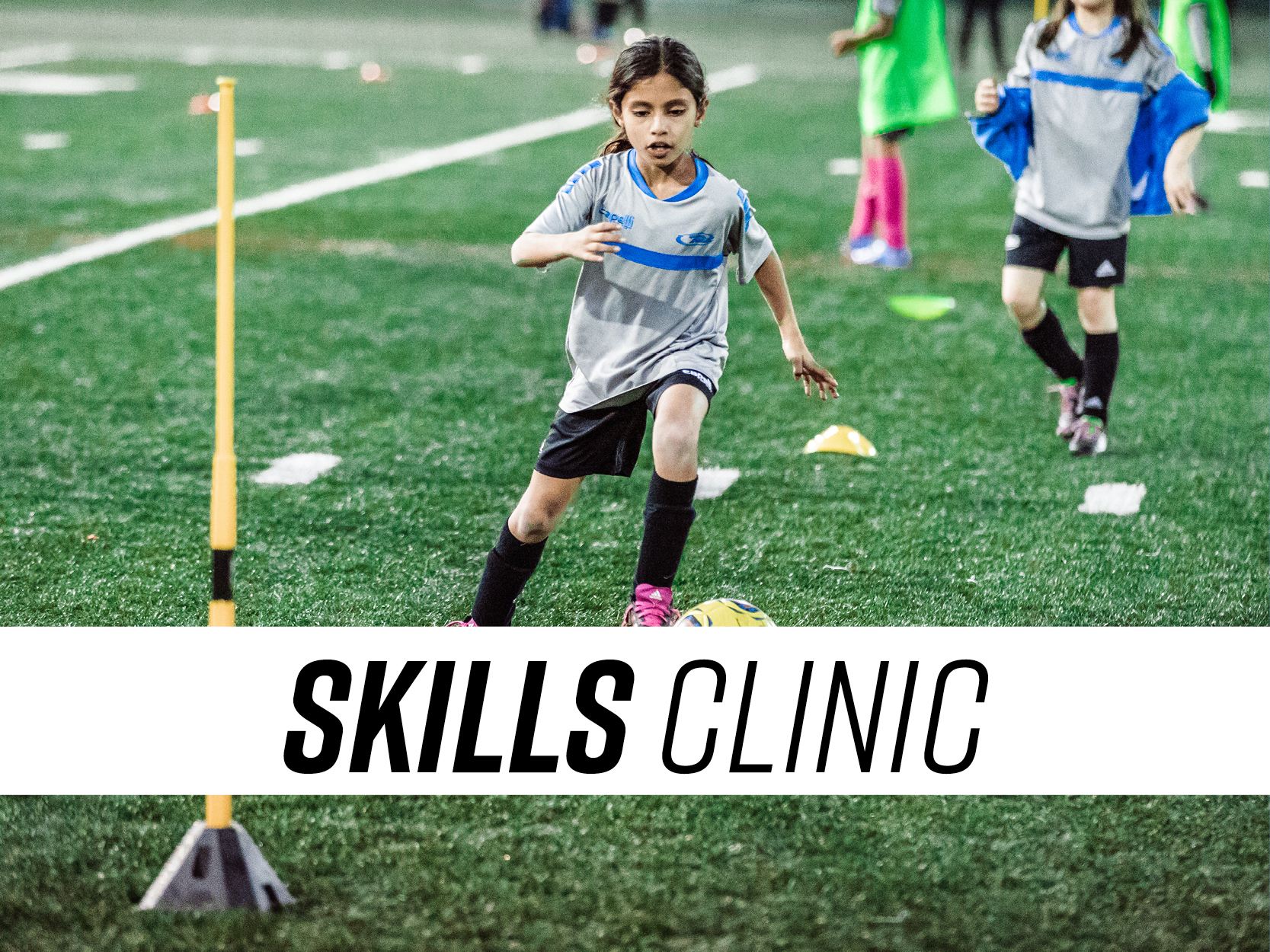 A young girl in a gray and blue soccer uniform dribbles a soccer ball around a cone on a green turf field during the Buffalo Rush Soccer skills clinic. Other children and cones are visible in the background. The text “SKILLS CLINIC” is bold and prominent at the bottom.